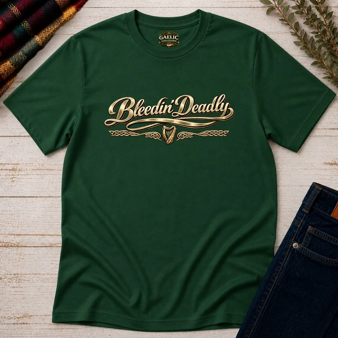 Bleedin’ Deadly T-Shirt in Forest Green, front view.