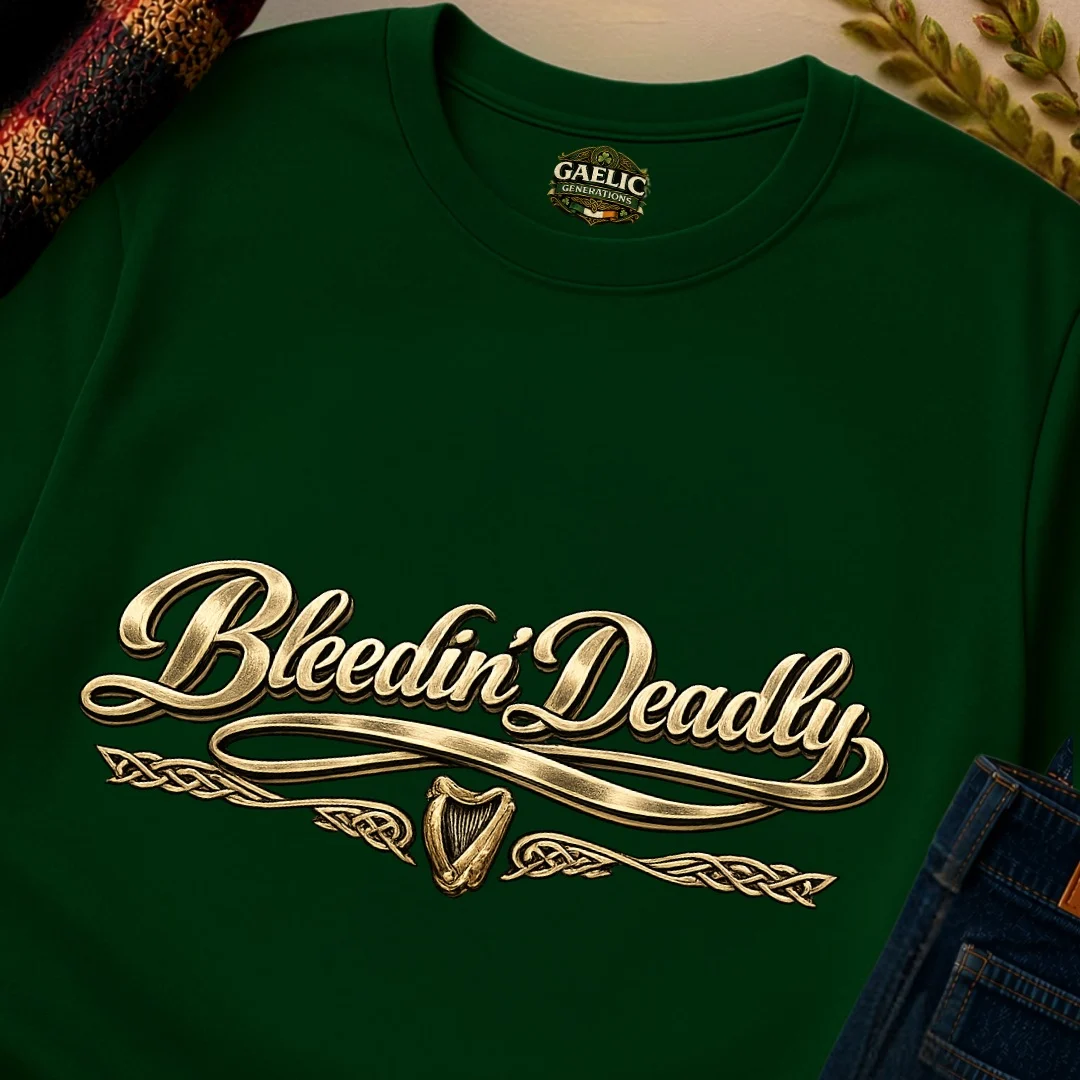 Bleedin’ Deadly T-Shirt in Forest Green, folded/detail view.
