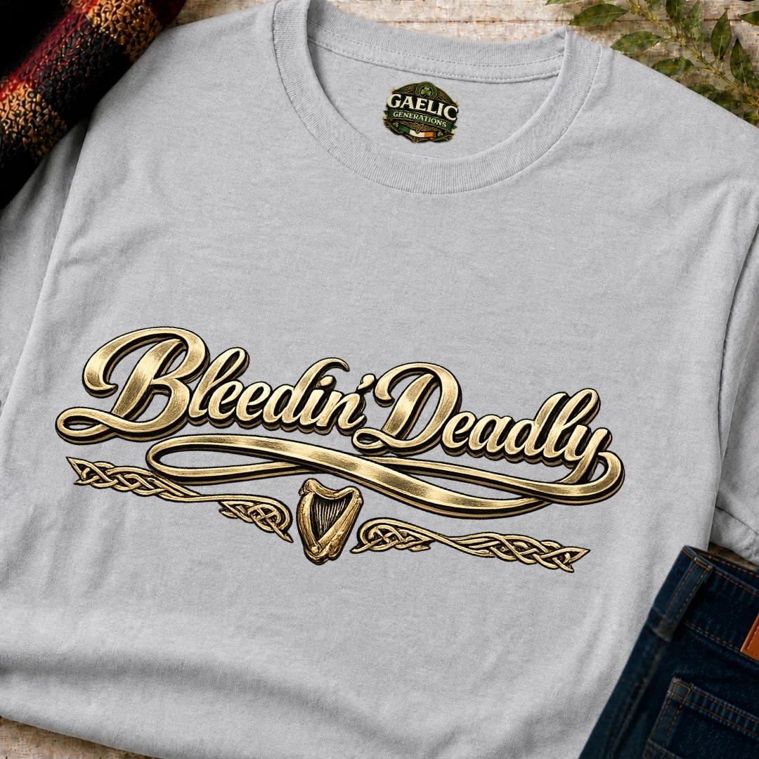 Bleedin’ Deadly T-Shirt in Ash, folded/detail view.