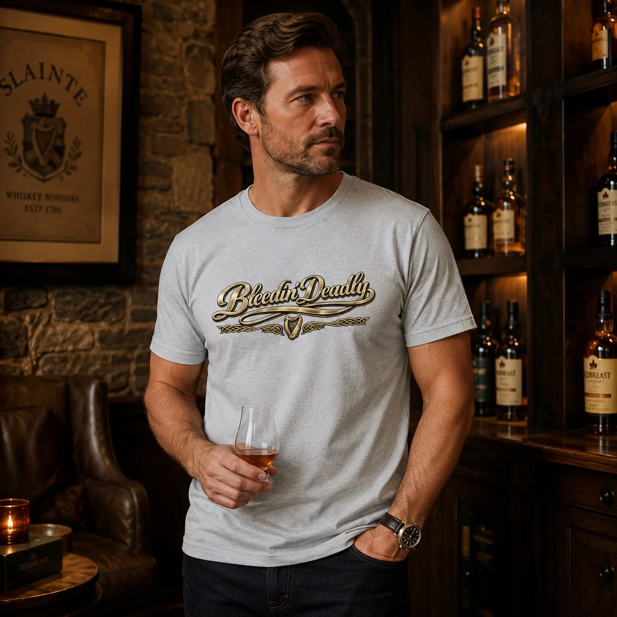 Bleedin’ Deadly T-Shirt in Ash, lifestyle view.