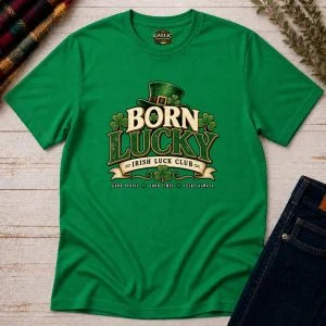 Turf Green Born Lucky Irish Luck Club T-shirt front view.