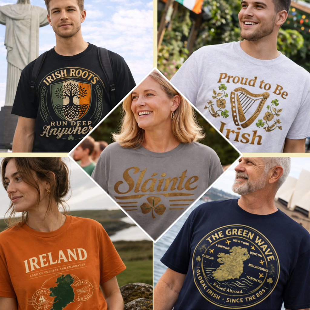 Gaelic Generations community collage featuring Irish heritage T-shirts.