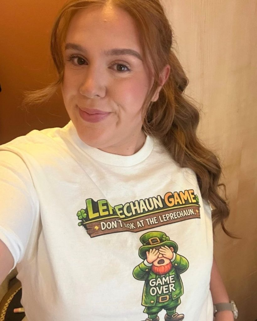 Customer wearing a Gaelic Generations Leprechaun Game T-shirt.