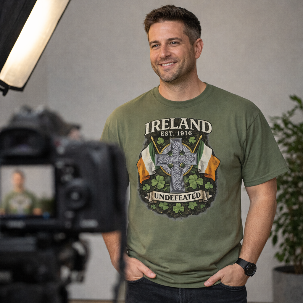 Customer wearing an Ireland Undefeated Celtic Cross T-shirt.