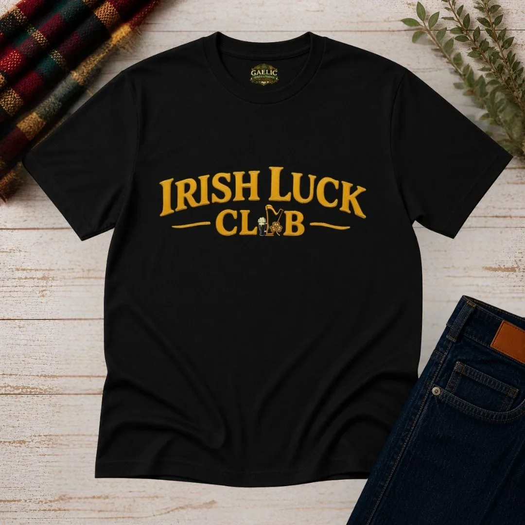 Irish Luck Club T-Shirt – Premium Gold Script Irish Heritage Tee – product view