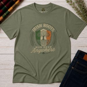 Military Green Irish Roots Run Deep T-Shirt front view with cream, green and orange typography