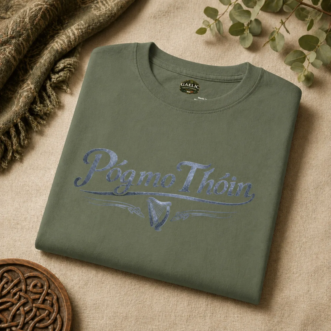Folded image of mililtary green póg mo thóin t-shirt