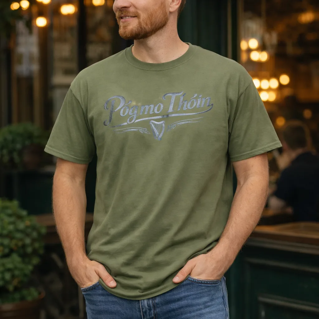 Lifestyle image of man in military green póg mo thóin t-shirt