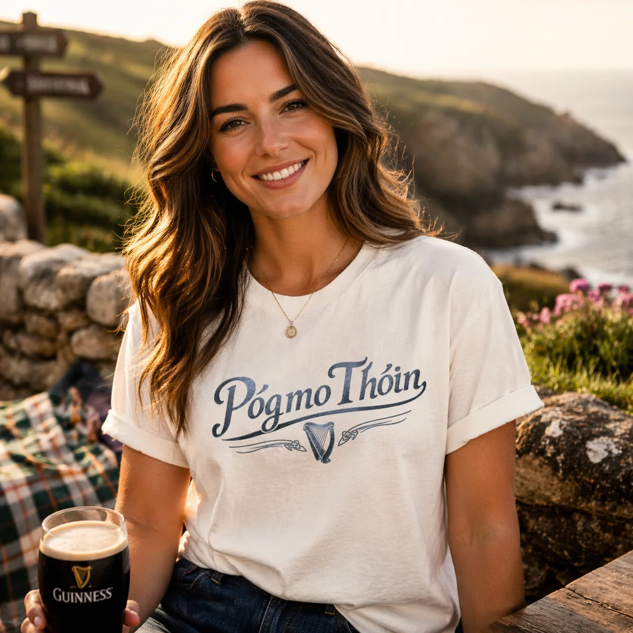 Lifestyle image of woman in white póg mo thóin t-shirt