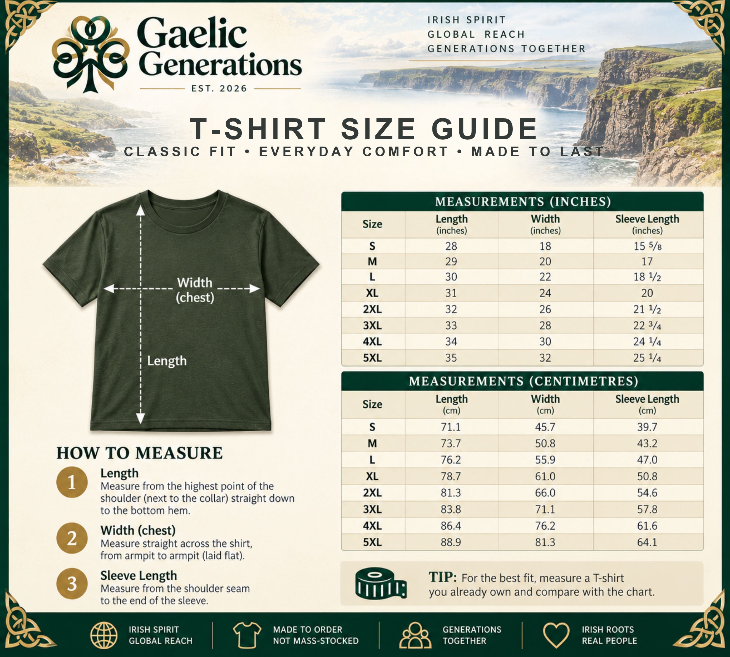 Gaelic Generations T-shirt size guide with measurements in inches and centimetres