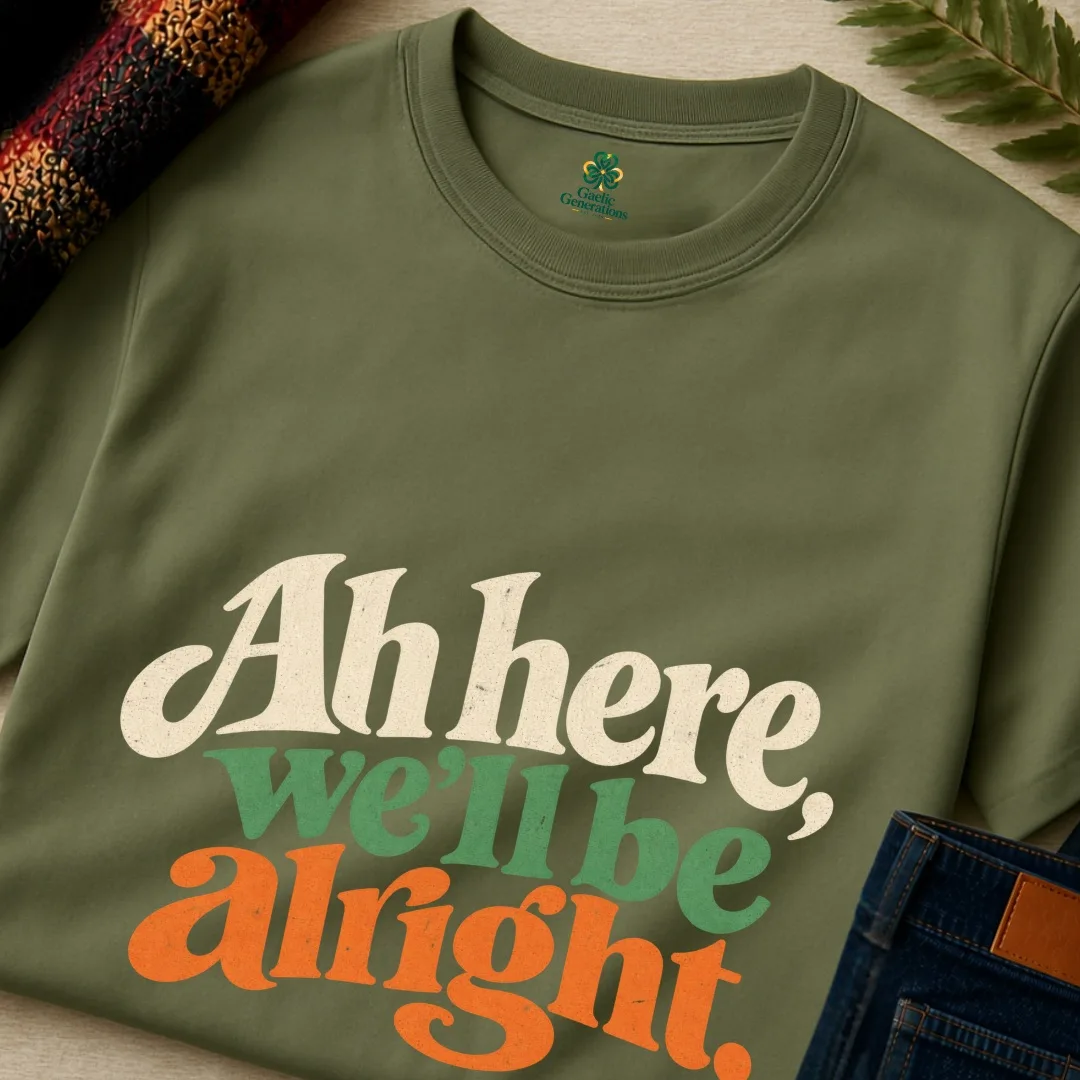 Close-up of the Military Green Ah Here, We’ll Be Alright Irish T-Shirt with retro Irish typography