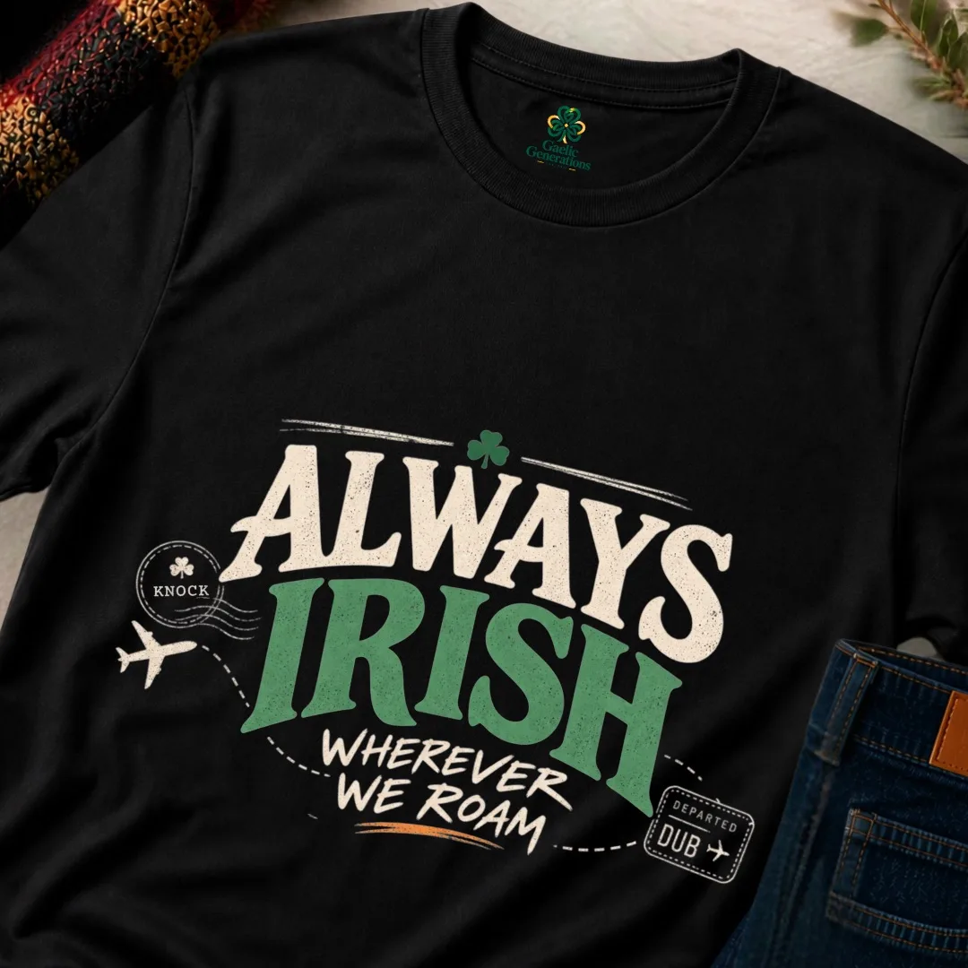 Close-up of black Always Irish Wherever We Roam T-shirt design