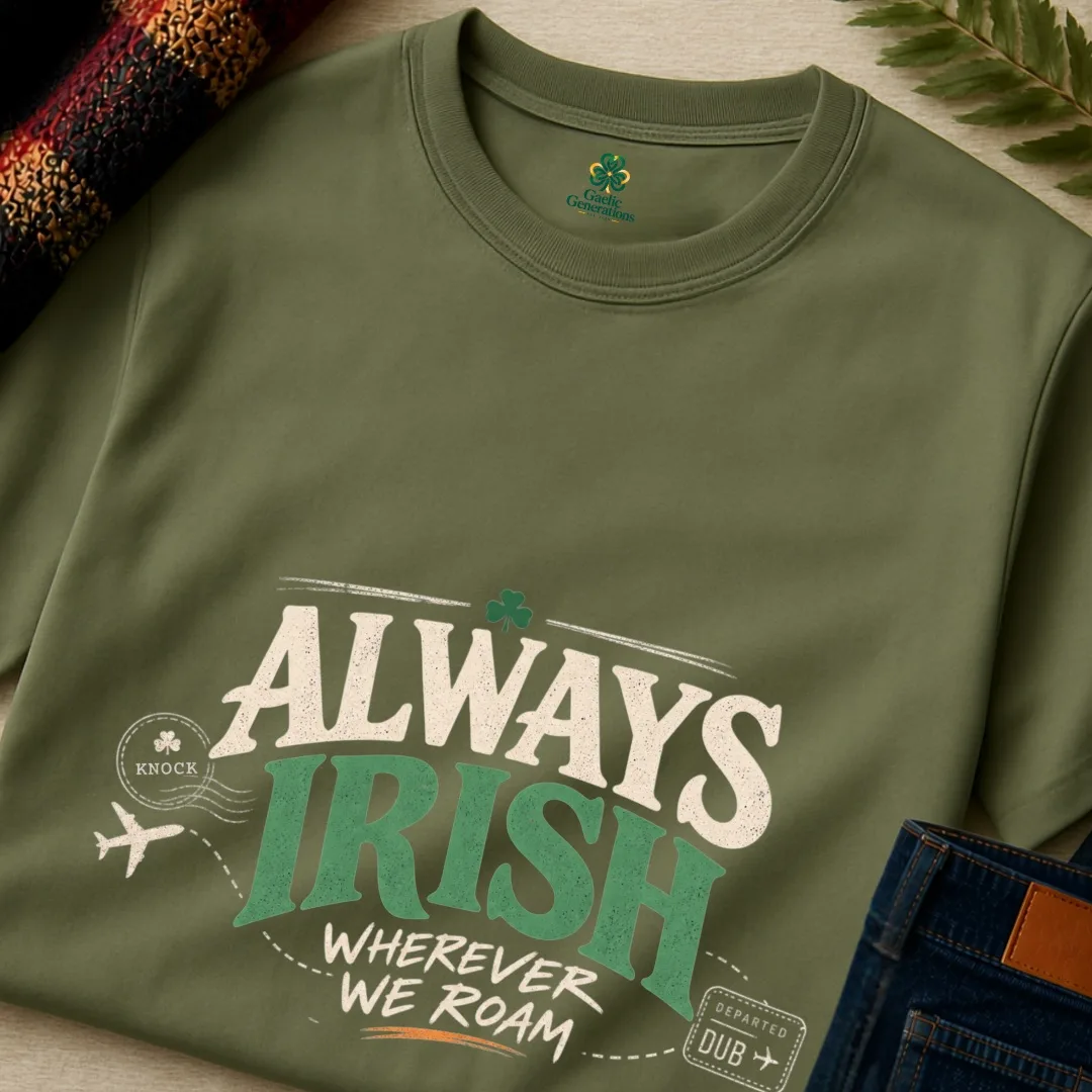 Close-up of military green Always Irish Wherever We Roam T-shirt design