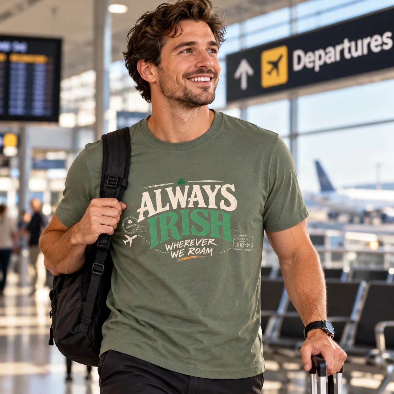 Man wearing military green Always Irish Wherever We Roam T-shirt at an airport