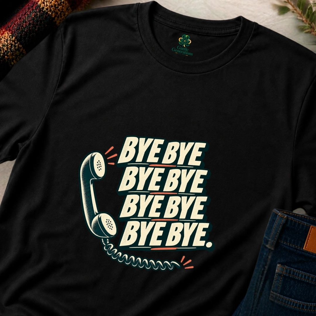 Close-up of black Gaelic Generations Bye Bye Bye Bye T-shirt showing retro telephone graphic, cream lettering and orange details