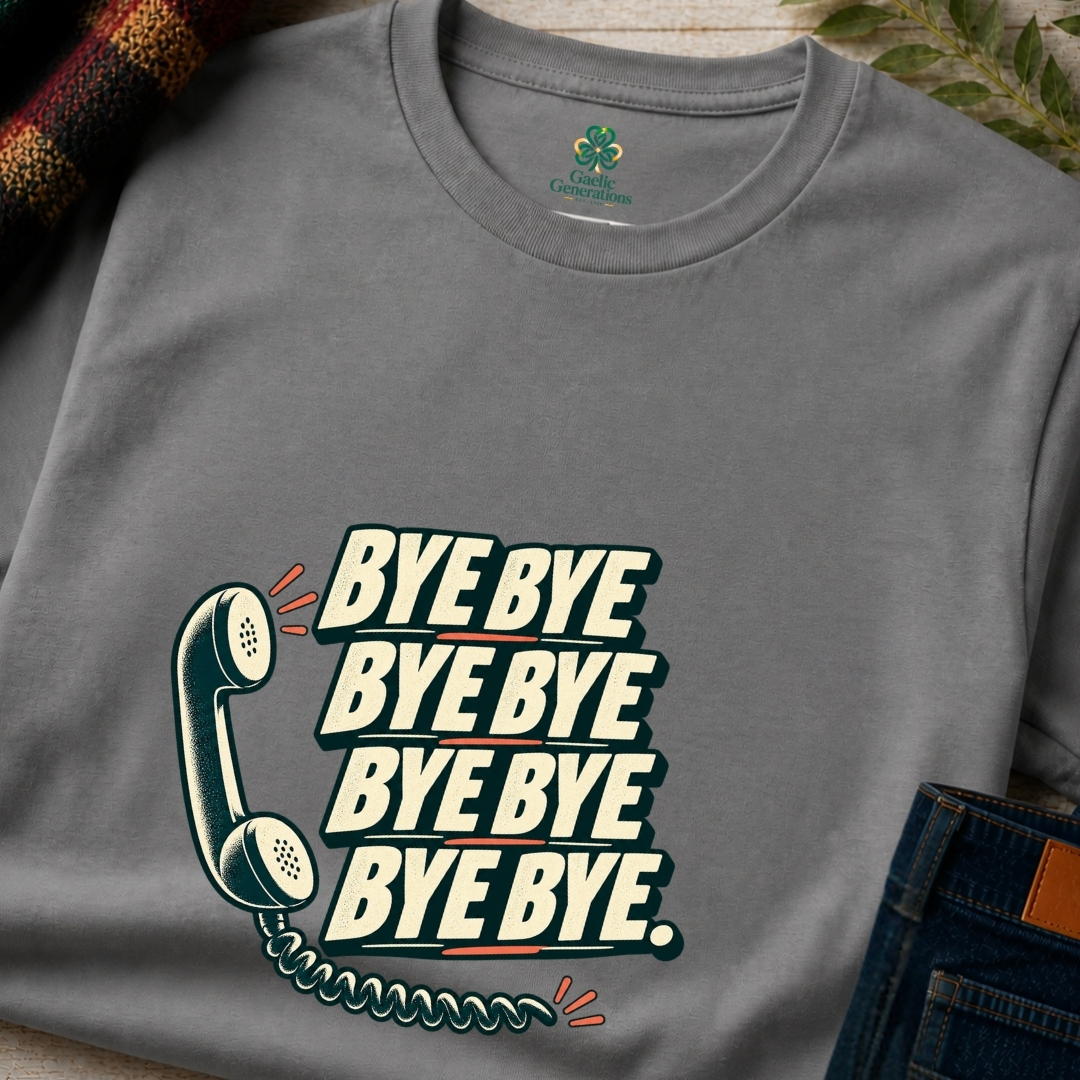 Close-up of charcoal grey Bye Bye Bye Bye Irish graphic T-shirt featuring vintage telephone artwork and repeated cream lettering
