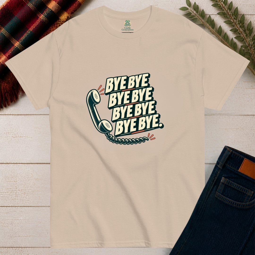 Natural cream Bye Bye Bye Bye T-shirt laid flat on rustic wood, featuring vintage dark green telephone artwork and repeated cream lettering