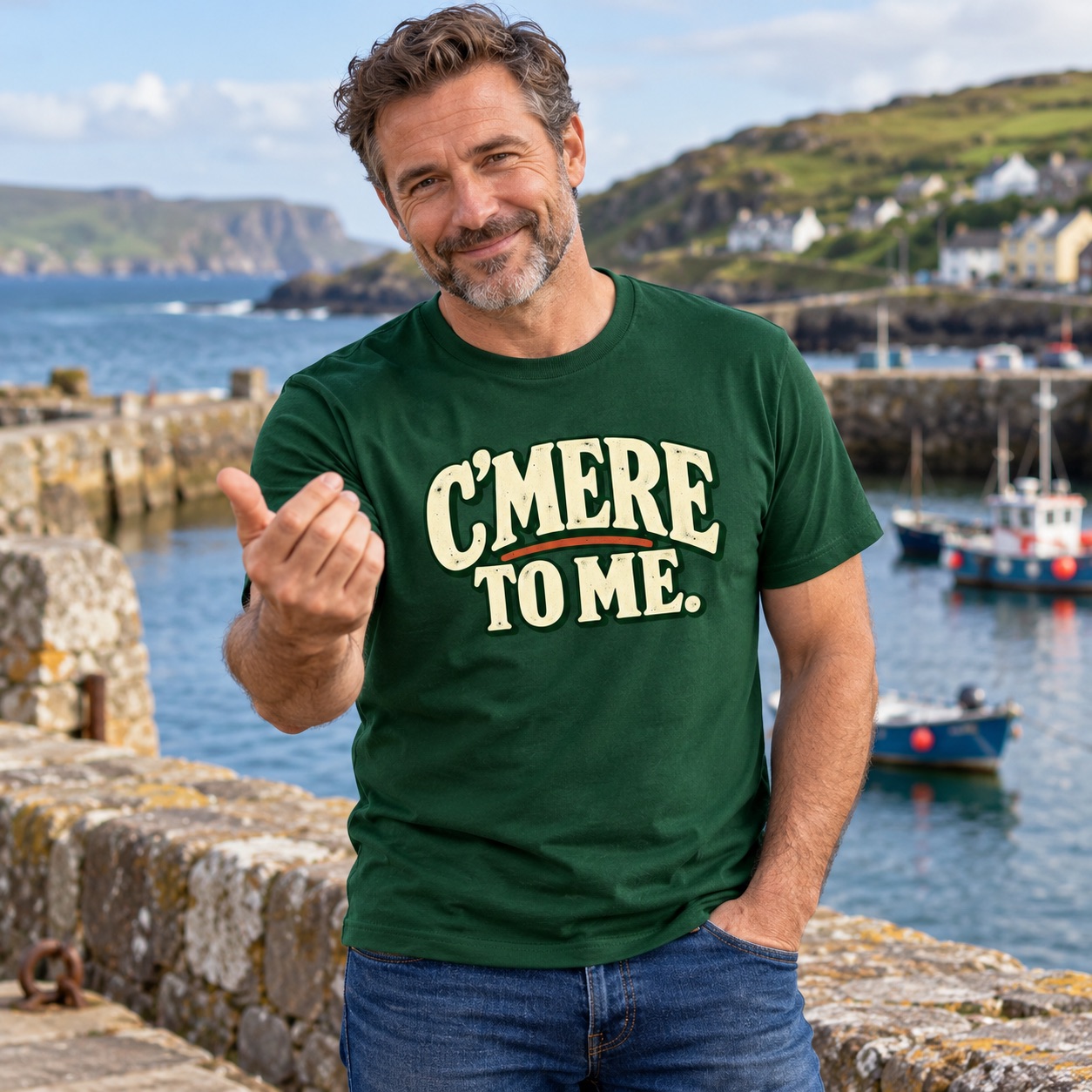 Black c'mere to me lifestyle image in forest green