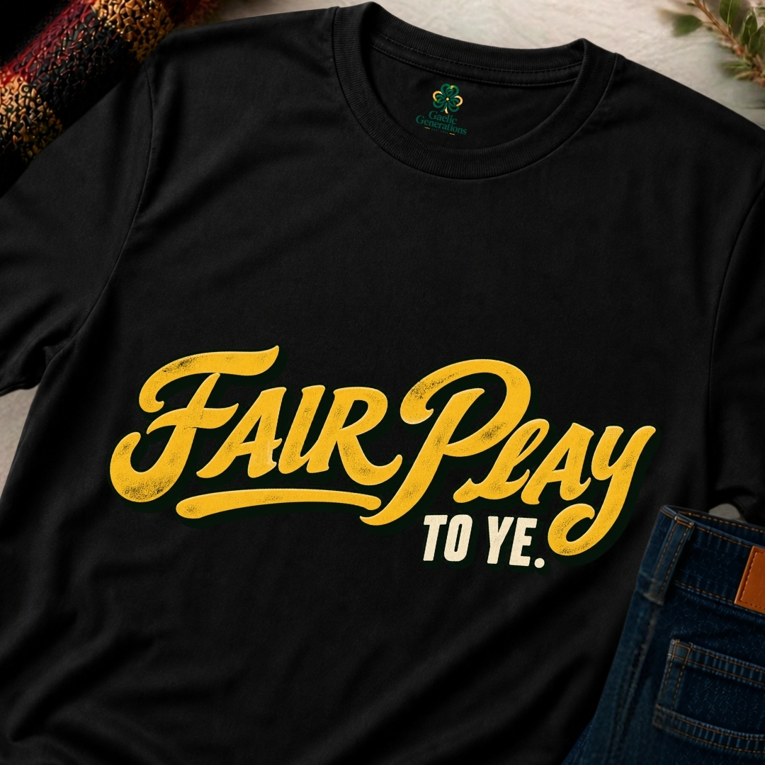Close-up of black Gaelic Generations Fair Play To Ye T-shirt featuring distressed golden-yellow retro lettering and cream text