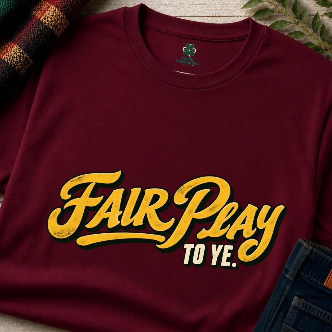 Folded maroon Fair Play To Ye Irish slogan T-shirt with bold yellow vintage typography and contrasting cream lettering