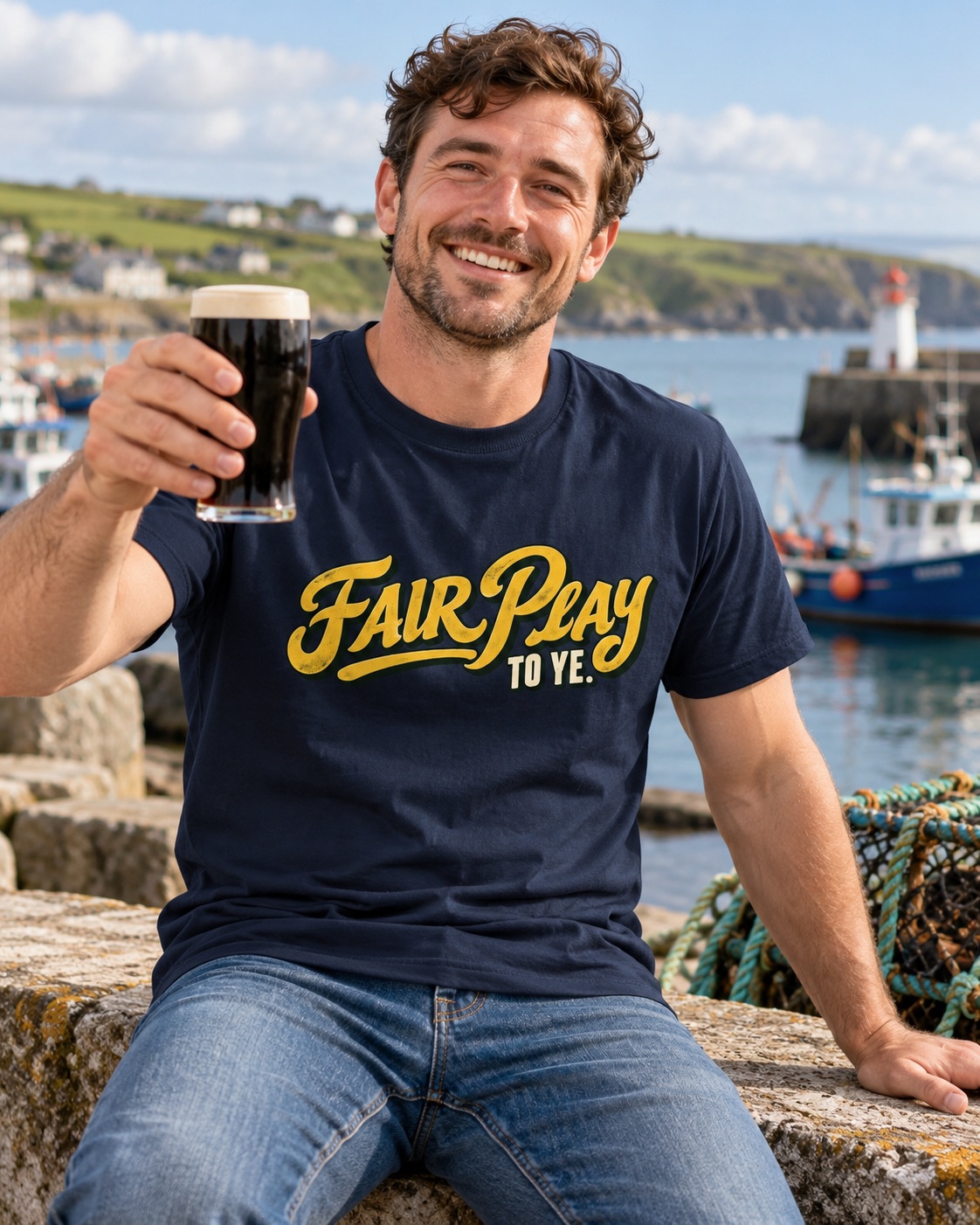 Man wearing navy Fair Play To Ye Irish humour T-shirt, smiling and holding up a pint beside a harbour with fishing boats