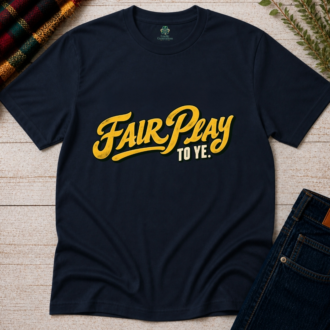 Navy Fair Play To Ye Irish T-shirt displayed flat with distressed yellow retro typography and cream lettering across the chest