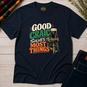 Navy Good Craic Solves Most Things Irish T-Shirt front view with vintage Irish pub design