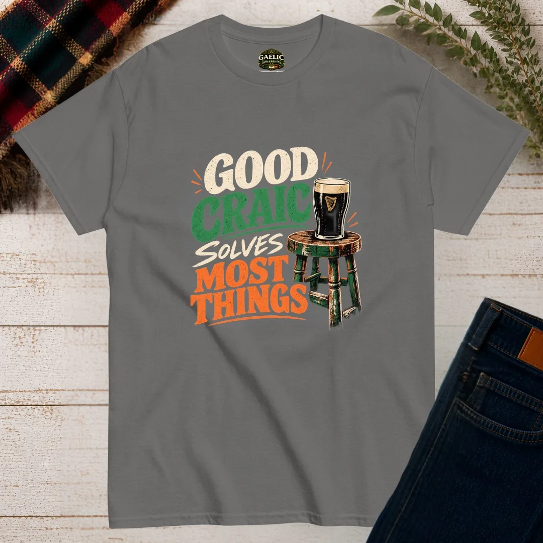 Charcoal Good Craic Solves Most Things Irish T-Shirt front view with pint and bar stool design