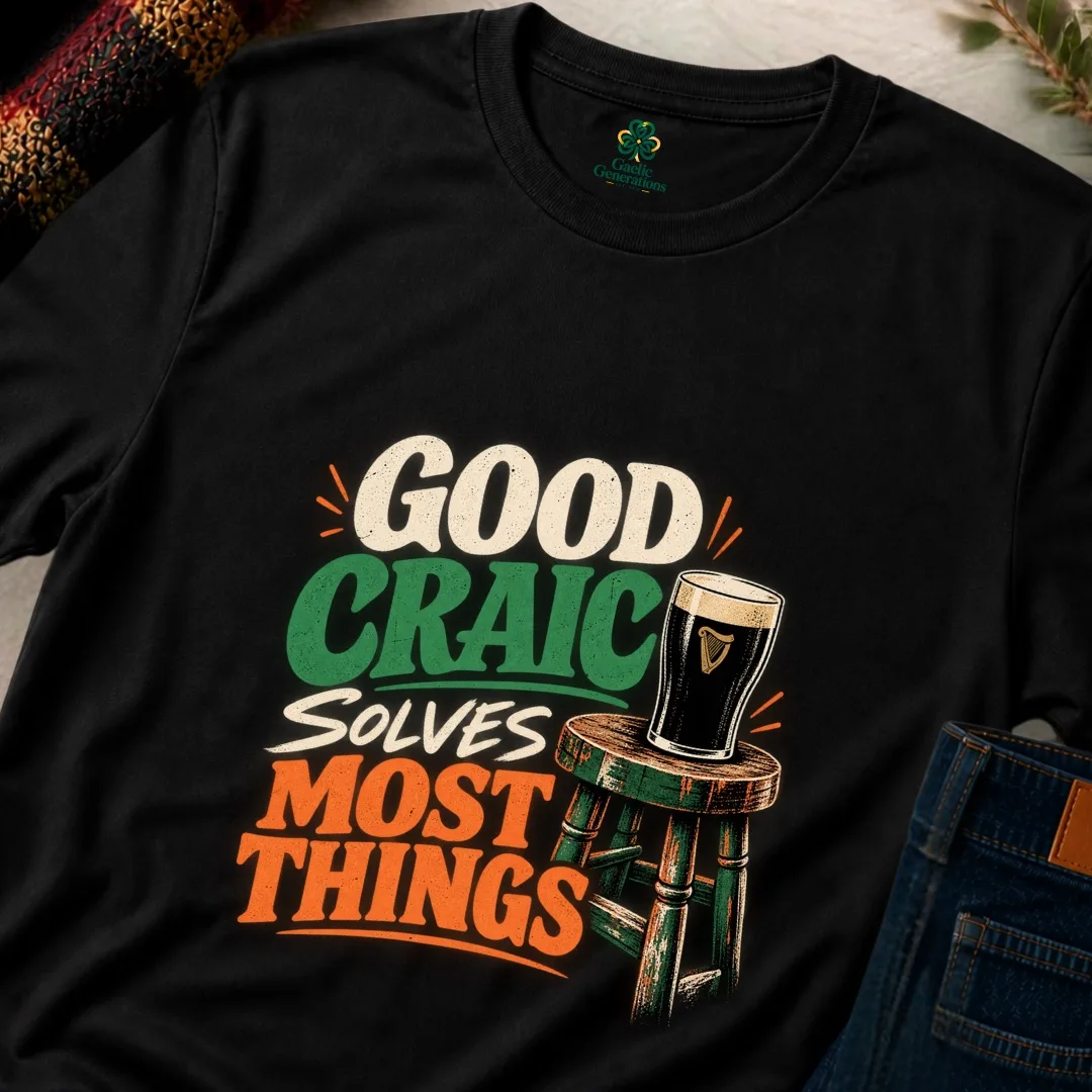 Close-up of the black Good Craic Solves Most Things Irish T-Shirt showing the vintage pub graphic