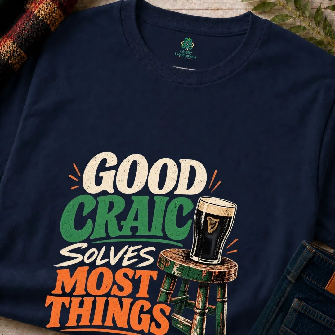 Close-up of the navy Good Craic Solves Most Things Irish T-Shirt with pint and bar stool graphic