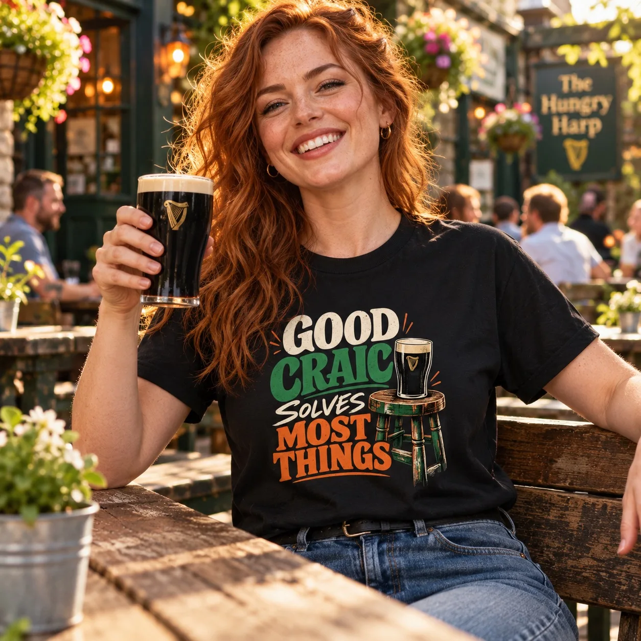 Woman wearing the black Good Craic Solves Most Things Irish T-Shirt at an outdoor Irish pub