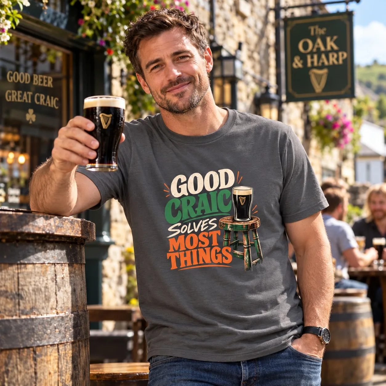 Man wearing the charcoal Good Craic Solves Most Things Irish T-Shirt outside an Irish pub