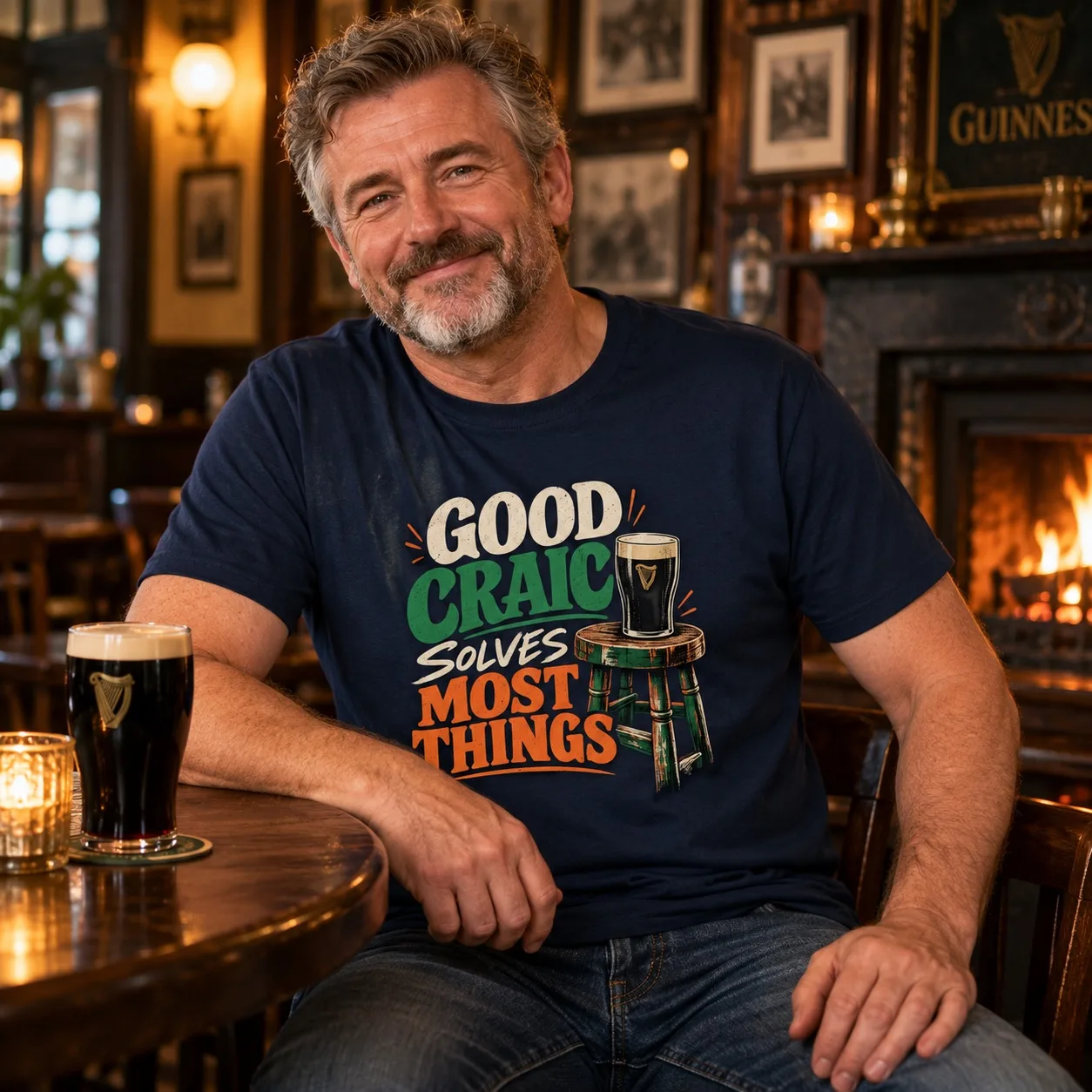Man wearing the navy Good Craic Solves Most Things Irish T-Shirt inside a traditional Irish pub