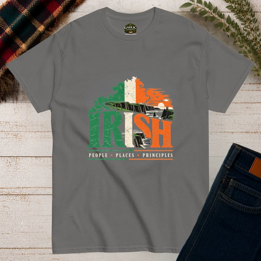 Charcoal Irish People Places Principles T-shirt with vintage Ireland landscape design