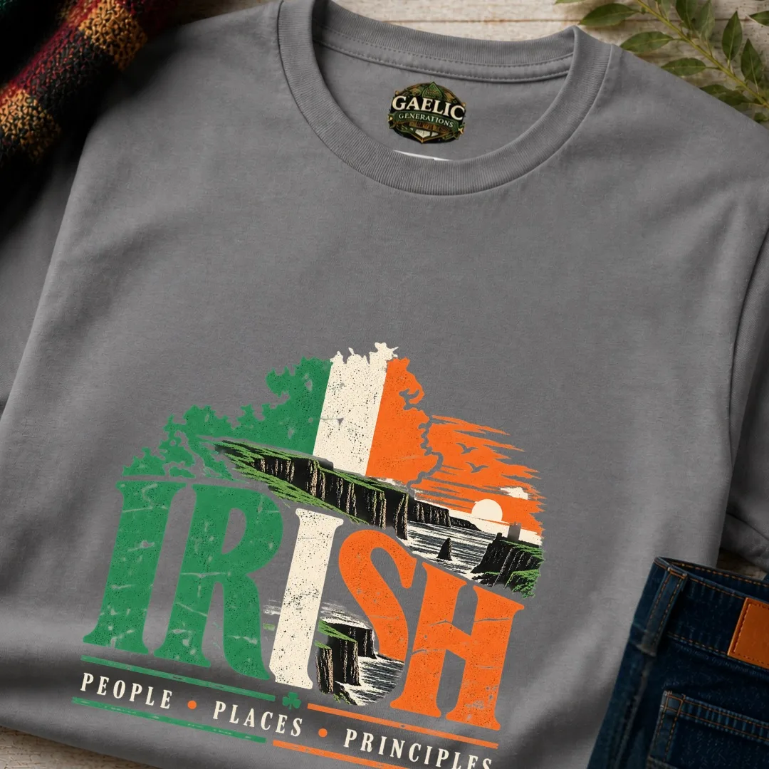 Close-up of charcoal Irish People Places Principles T-shirt with distressed Ireland design