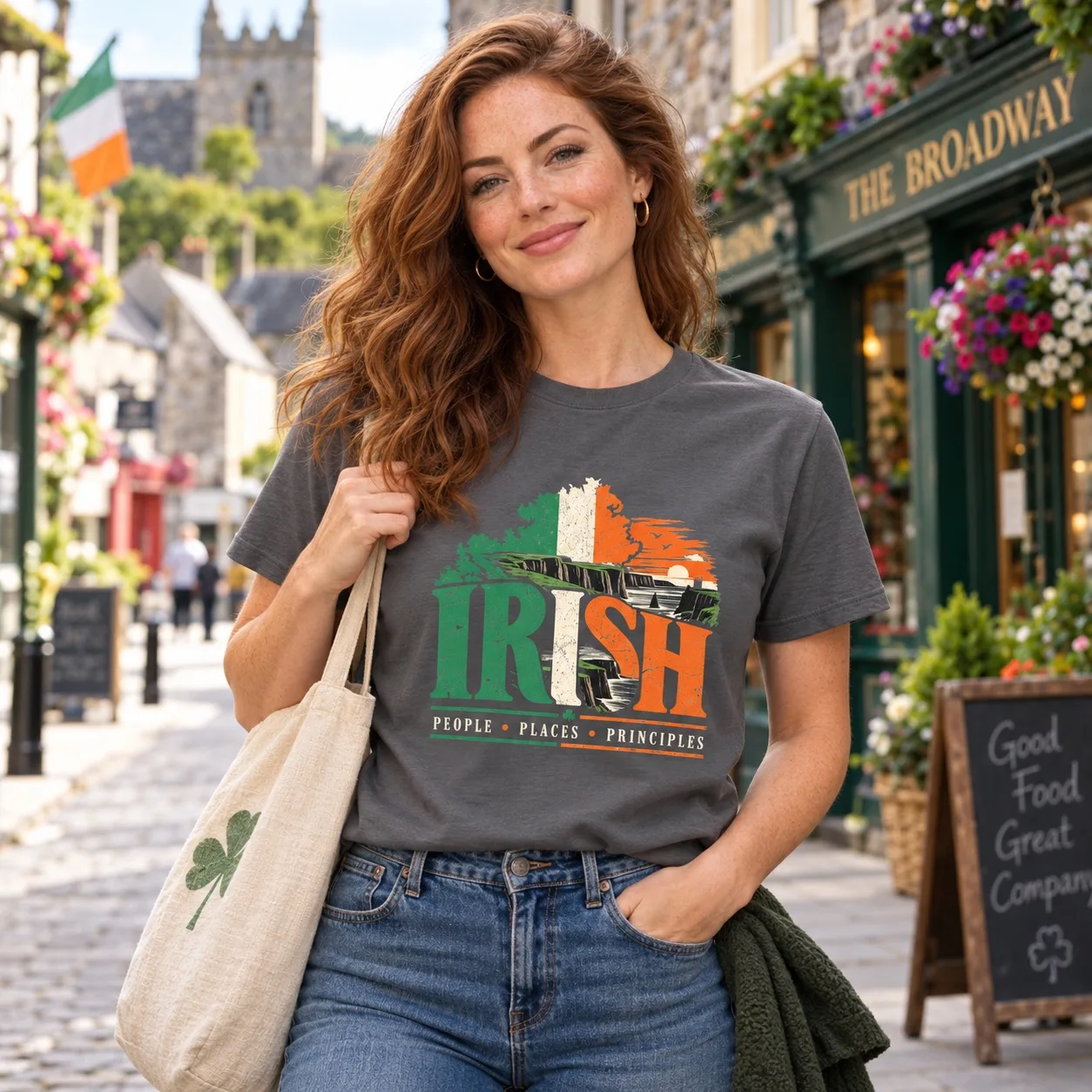 Woman wearing charcoal Irish People Places Principles T-shirt in an Irish town