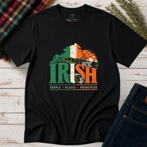 Black Irish People Places Principles T-shirt with vintage Ireland coastal graphic
