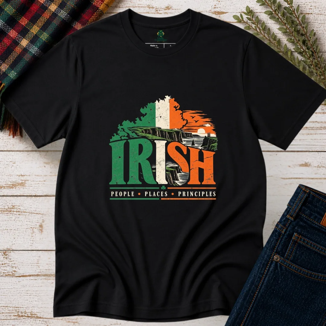 Black Irish People Places Principles T-shirt with vintage Ireland coastal graphic