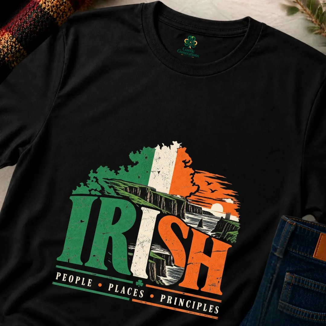 Close-up of black Irish People Places Principles T-shirt showing vintage Irish graphic