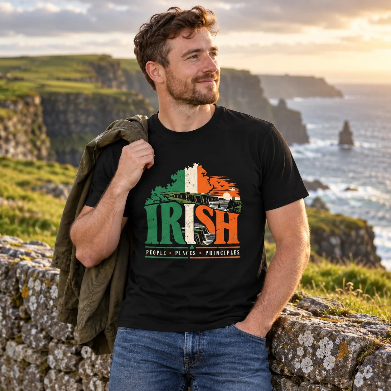 Man wearing black Irish People Places Principles T-shirt on the Irish coast