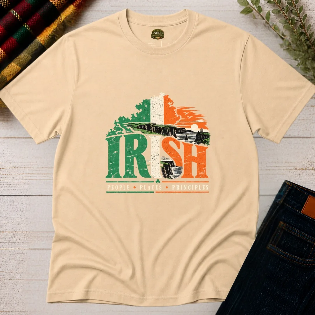 Sand Irish People Places Principles T-shirt with vintage Ireland coastal graphic