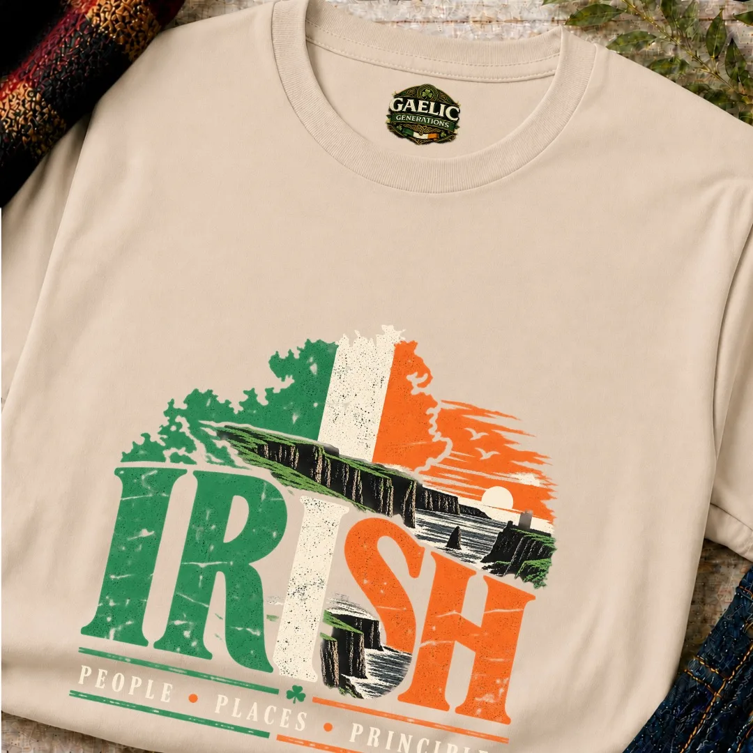 Close-up of sand Irish People Places Principles T-shirt with vintage Irish coastal artwork
