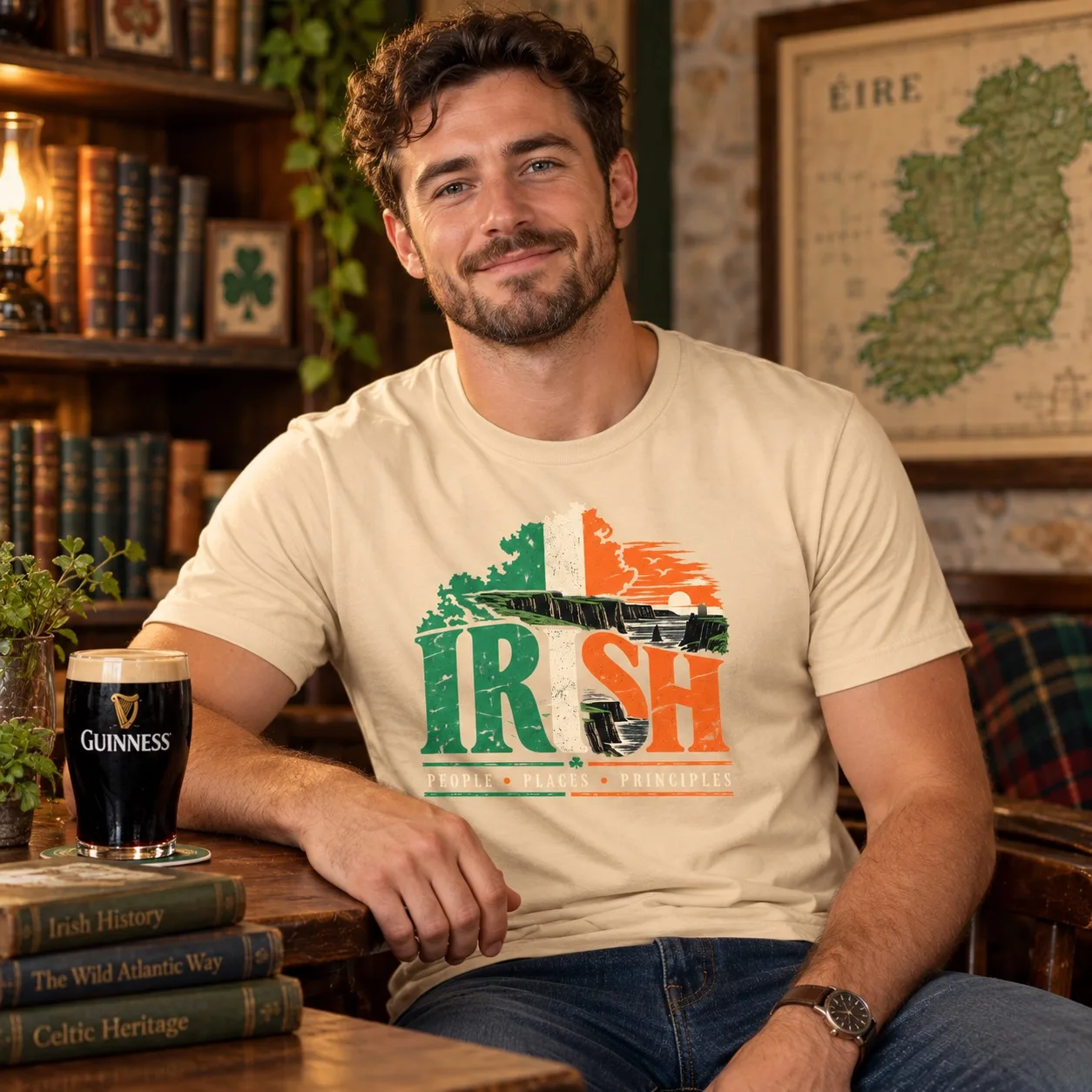 Man wearing sand Irish People Places Principles T-shirt in an Irish pub setting