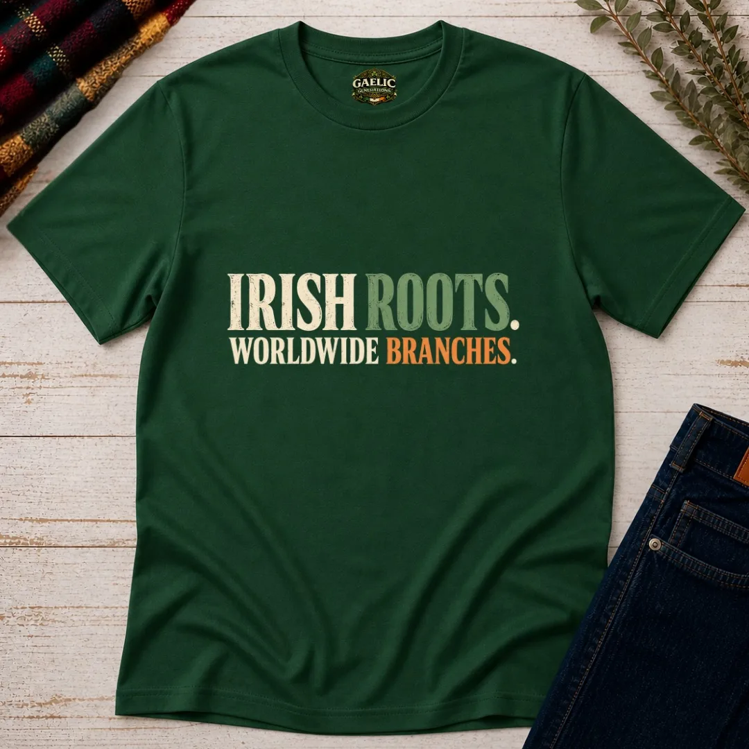 Forest Green Irish Roots Worldwide Branches T-Shirt front view with vintage Irish diaspora typography