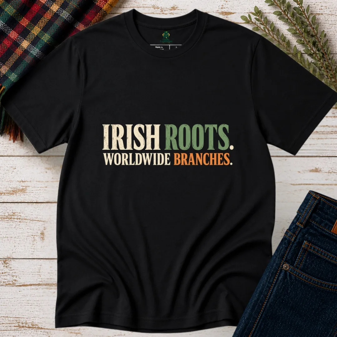 Black Irish Roots Worldwide Branches T-Shirt front view with cream, green and orange typography