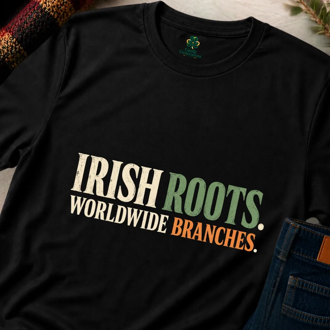Close-up of the black Irish Roots Worldwide Branches T-Shirt showing the vintage typography design