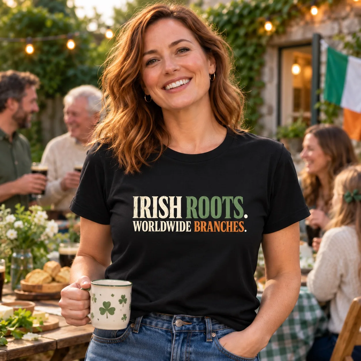 Woman wearing the black Irish Roots Worldwide Branches T-Shirt at an outdoor Irish gathering