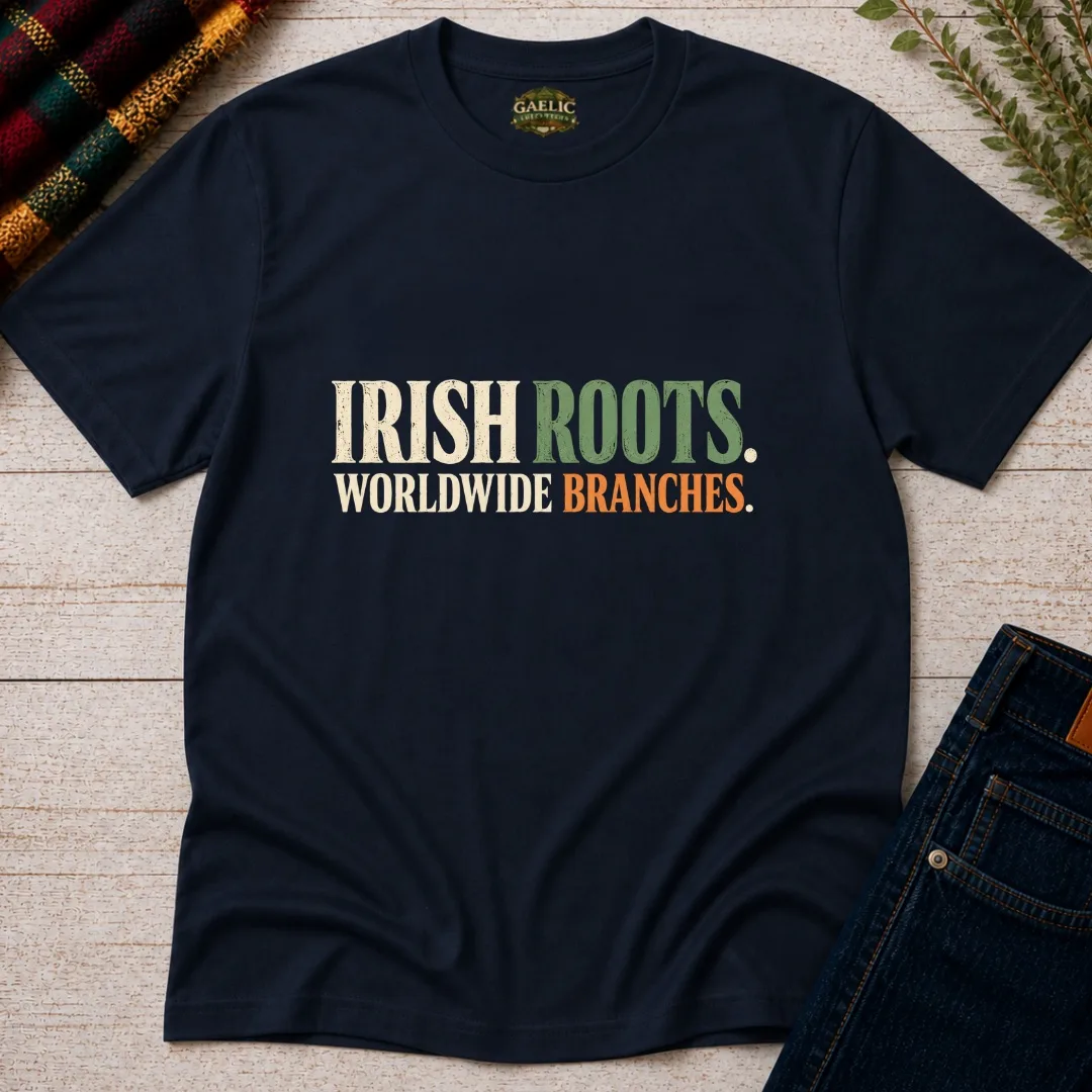 Navy Irish Roots Worldwide Branches T-Shirt front view with cream, green and orange lettering