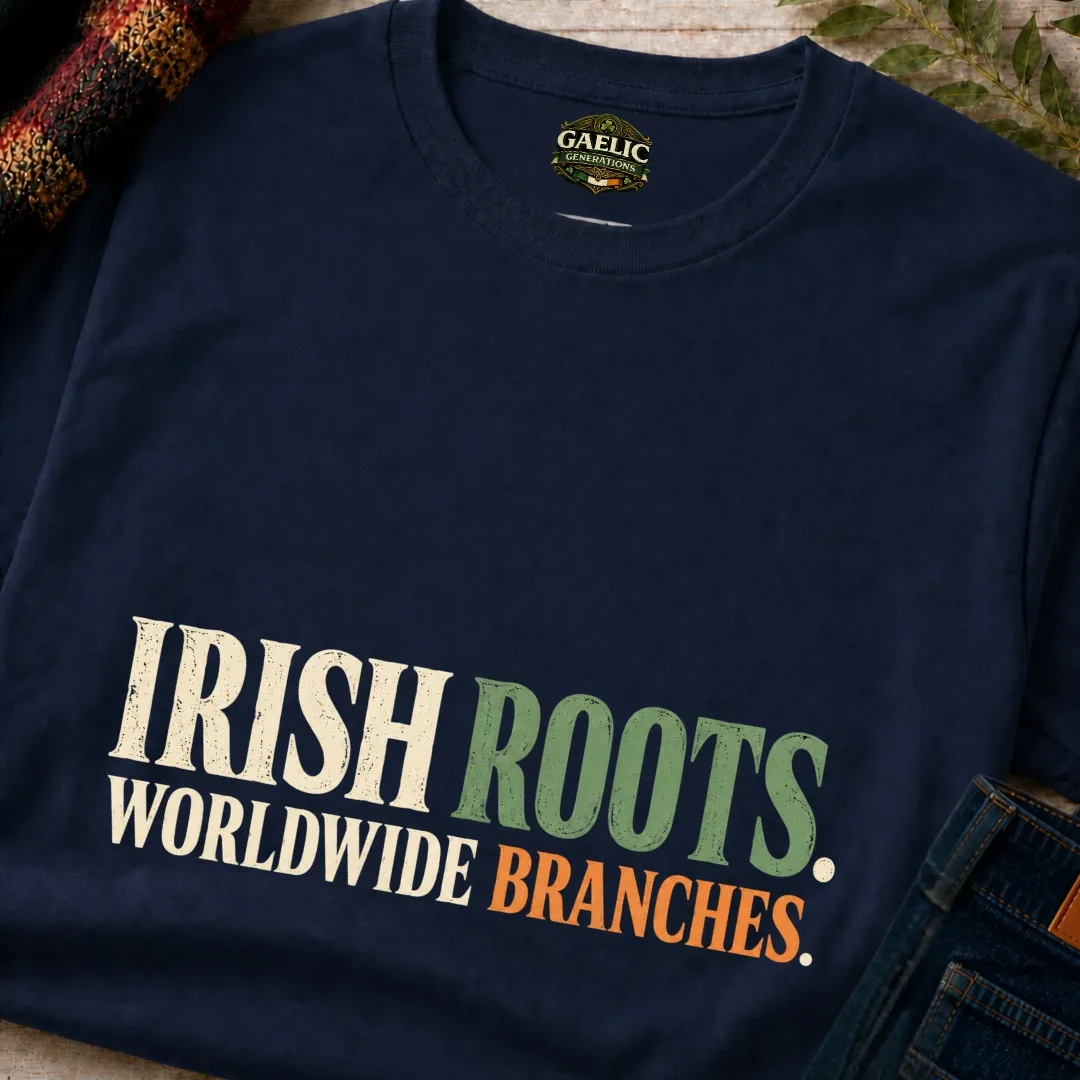 Close-up of the navy Irish Roots Worldwide Branches T-Shirt showing the diaspora-inspired front print