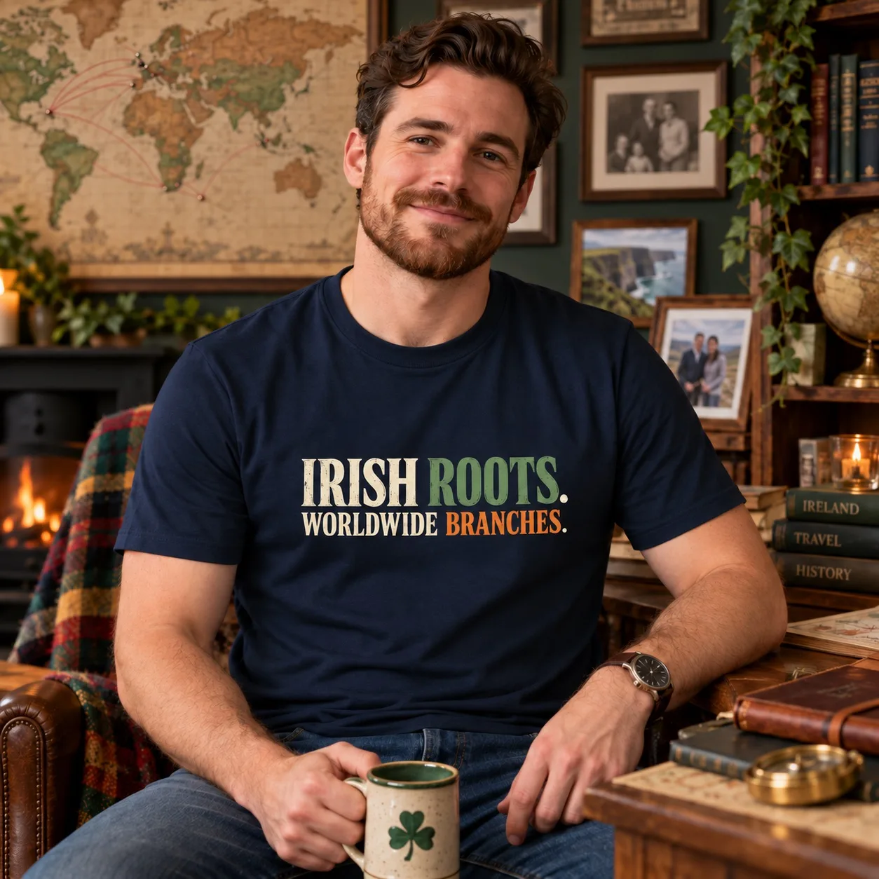 1. Man wearing the navy Irish Roots Worldwide Branches T-Shirt in a room decorated with Irish travel memorabilia
